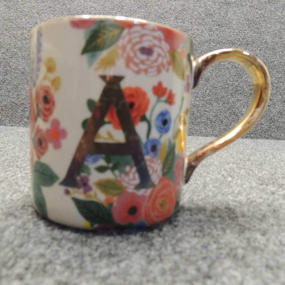 Rifle Paper Co Anthropologie Mug Initial A Floral Gold Handle Cottagecore Boho